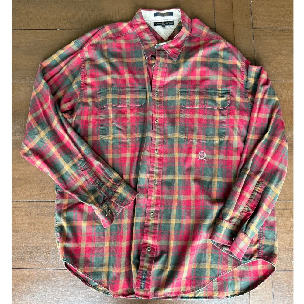 Tommy Hilfiger Mens Vintage XXL Red Green Plaid Long Sleeve Button Down Shirt